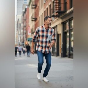 Oakley Men's Casual Plaid Shirt Orange Blue, White Large